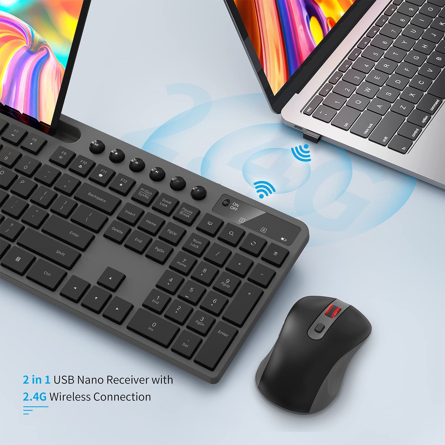 Wireless Keyboard and Mouse Combo, MARVO 2.4G Ergonomic Wireless Computer Keyboard with Phone Tablet Holder, Silent Mouse with 6 Button, Compatible with MacBook, Windows (Black)