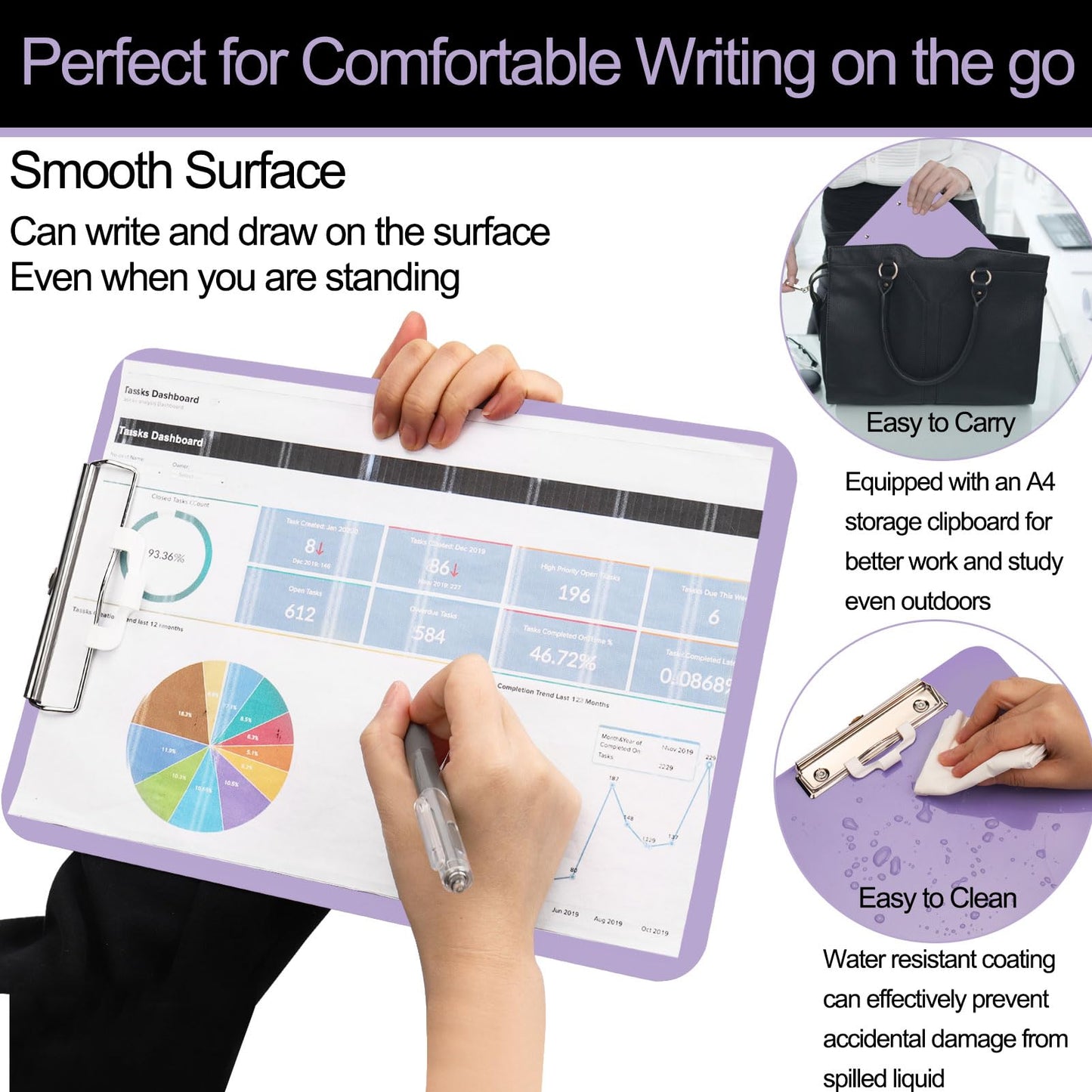 1 PCS A4 Clipboards,Plastic Clipboard with Pen Holder,Clip Boards 8.5x11 with Low Profile Clip,Cute Hanging Clipboard for School Office Supplies Clipboards for Kids,Portable ClipBoard for Nurse-Purple