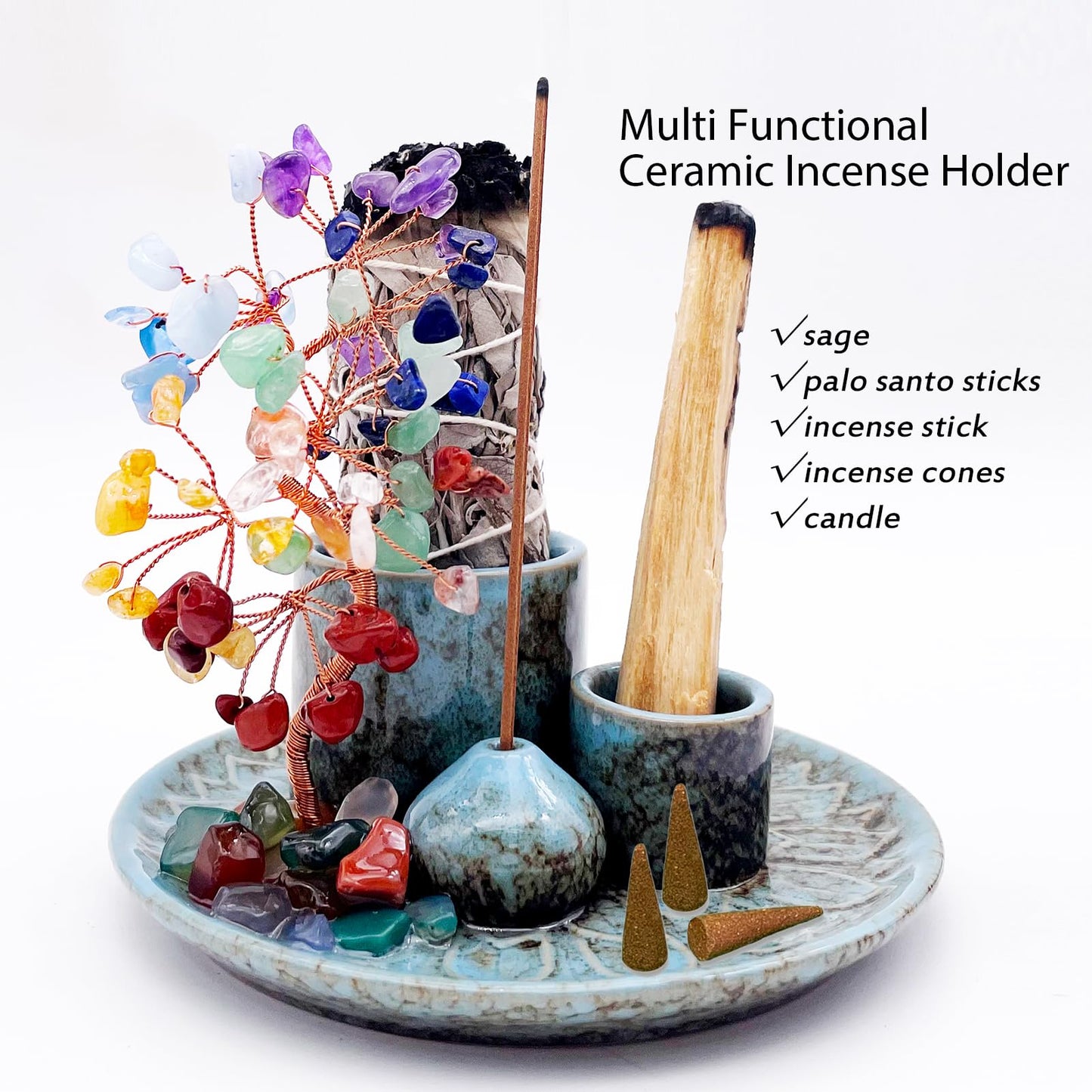 5 in 1 Incense Burner Holder with Crystal Healing Tree, Palo Santo Holder, Sage Holder, Incense Holder for Sticks/Cones/Candles, Ceramic Tray Ash Catcher for Burning Incense, Meditation Gift