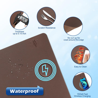 Wireless Charging Desk Mat with Desk Pad for Desktop Charging Large Mouse Pad Waterproof Leather Computer Mat Mouse Pad Non-Slip Protector on Top of Desks for Keyboard and Mouse (brown-r, 32*16inch)