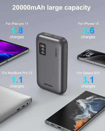 AsperX 65W Power Bank, 20,000mAh Laptop Portable Charger, PD 3.0 Fast Charging Travel Essential USB C Battery Pack for MacBook,iPhone 17/16/15/14 Series,Galaxy S24,Dell XPS, Switch,ipad,Steam Deck