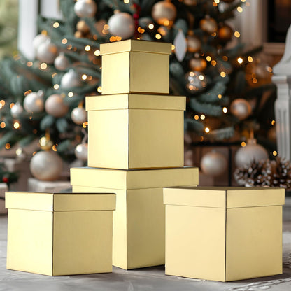 UNIQOOO 5PCS Metallic Gold Nesting Gift Boxes Set, Square Cardboard Storage Organizer Keepsake Box with Lid Durable Reusable, for Gift Wrapping Holiday Presents Christmas Birthday, Assorted Size