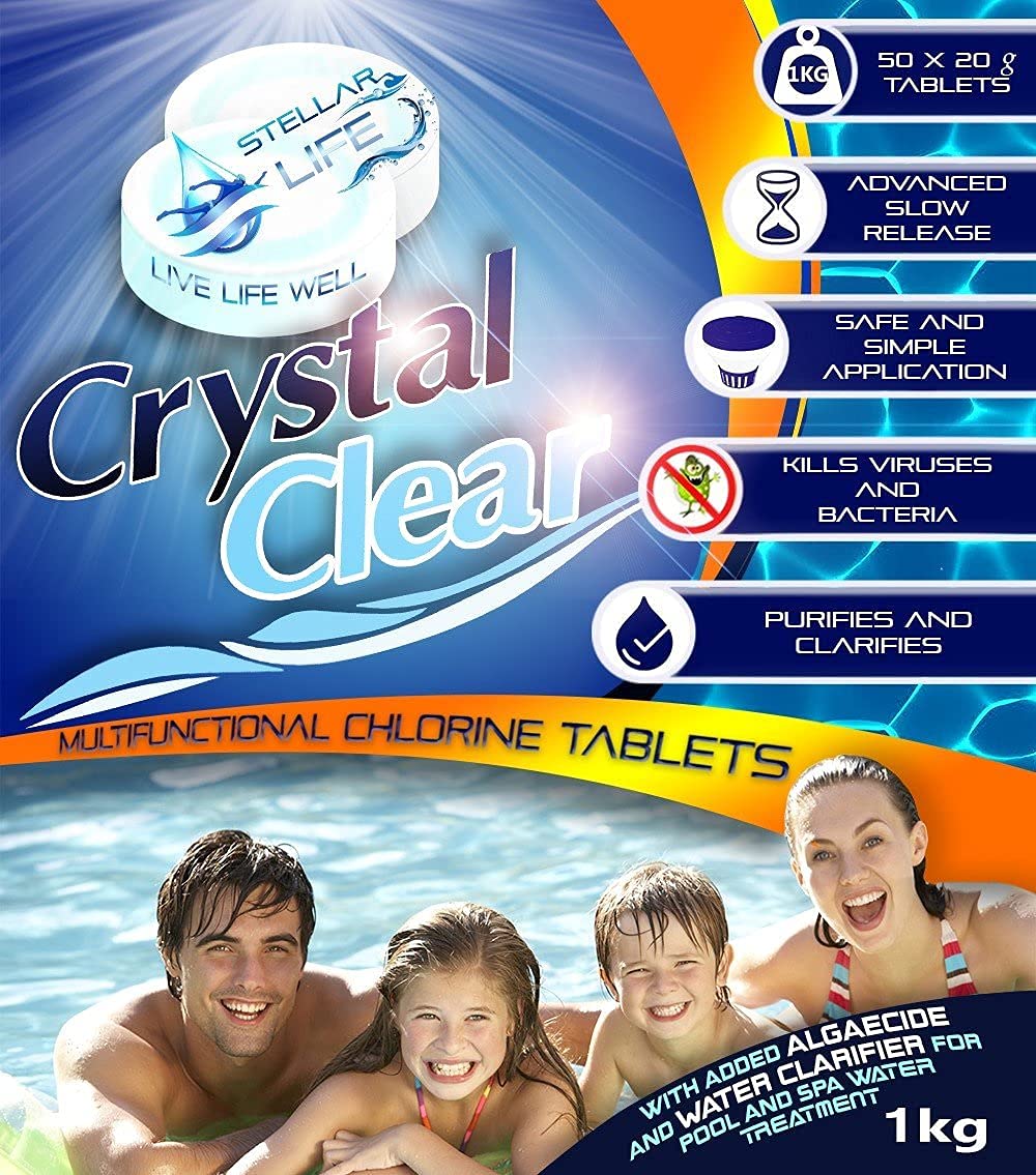 CRYSTAL CLEAR 4in1 Multifunction Chlorine Tablets for Hot Tubs, Spa, Swimming Pools. 1kg 50 x 20g Spas Paddling Pool Hot Tub Chlorine Tablets