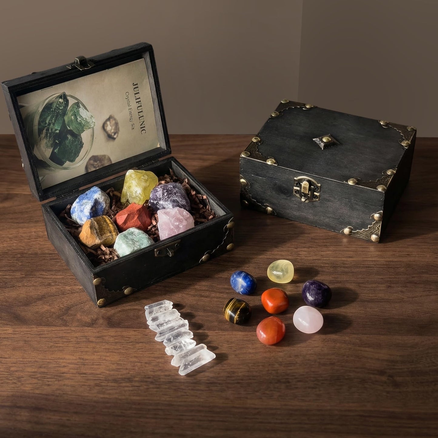 Juliful Unic 23-Piece Crystal Healing Set with 7 Raw & 7 Polished Stones 9 White Quartz Authentic Brazil & Uruguay Crystals in Wooden Box Complete Chakra Kit with Guide for Meditation Reiki Gift