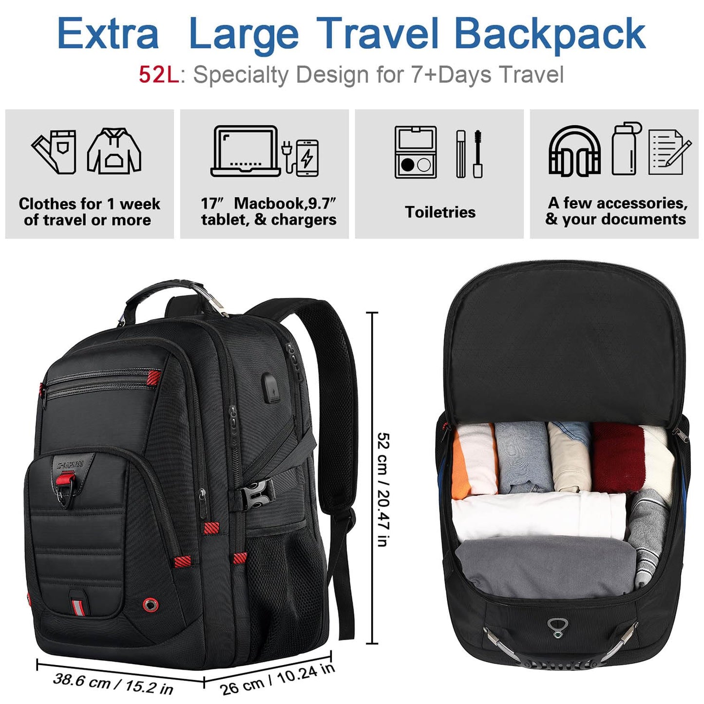 Z-MGKISS Travel Laptop Backpack, 52L Extra Large Backpack for Men, Overnight Backpack, TSA Flight Rucksack 17.3 Inch, Anti-Theft Work Bag with USB Port, Big Computer Bag for College & Business, Black
