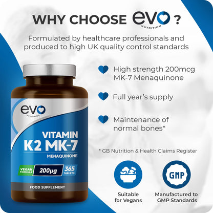 EVO NUTRITION Vitamin K2 MK-7 200mcg | 365 Vegetarian and Vegan Tablets (not Capsules) | 1-A-Day | Supports Maintenance of Normal Bones | One Years Supply of High Strength Vitamin K2 Menaquinone MK7