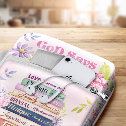 MYSMOR God Says I Am Bible Cover for Women, Floral Scripture Bible Case with Handle and Zipper Pocket, Christian Bible Bag for Girls and Ladies, Inspirational Gift for Church and Study Use