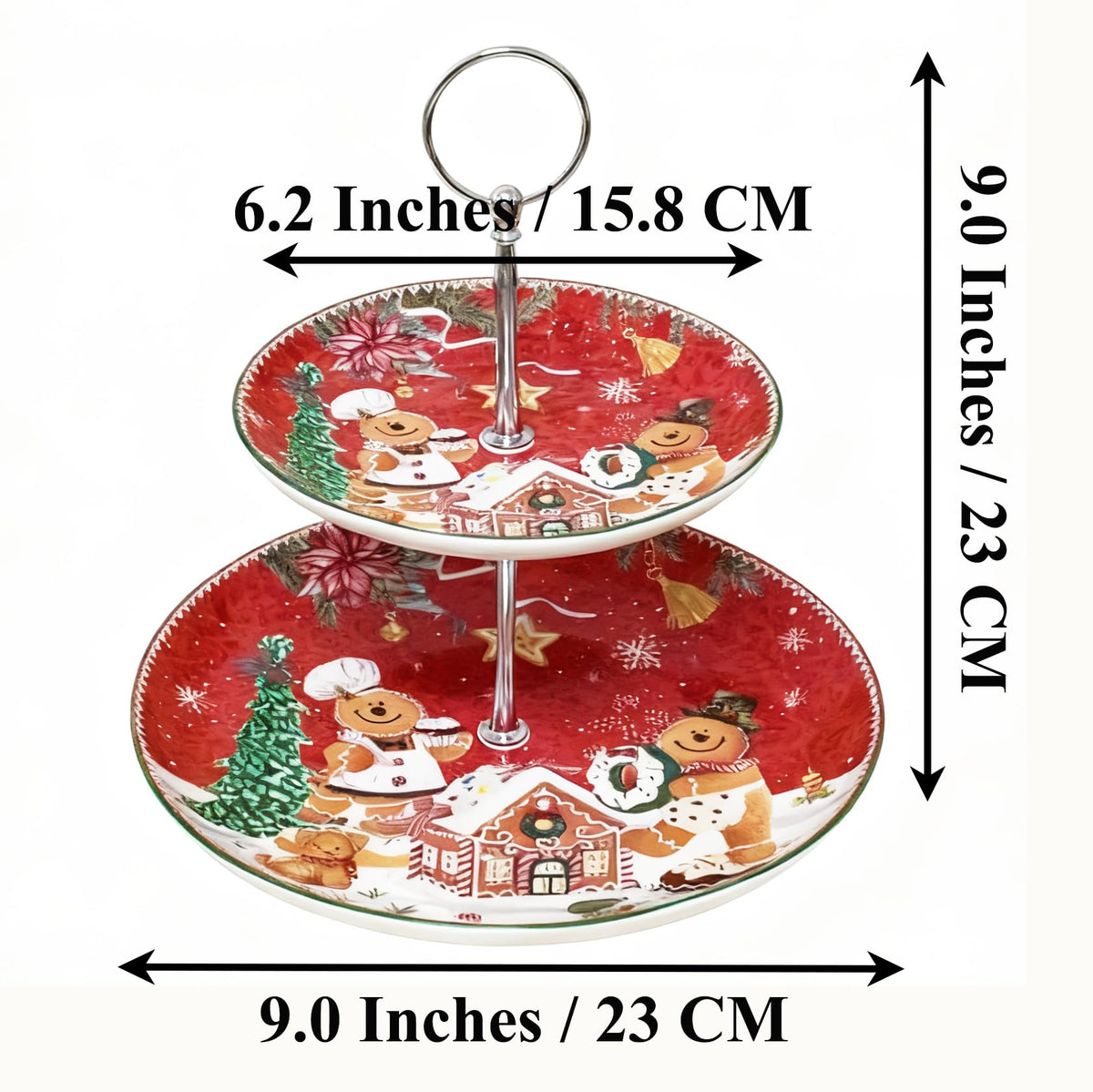 2-Tier Red Round Porcelain XMAS Cake Fruit Stand Plate with Gift Box, Cupcake Serving Display Ceramic Pastry Tray Towers Platter Set for Dessert Appetizer Candy Buffet for Home Party - Gingerbread Man