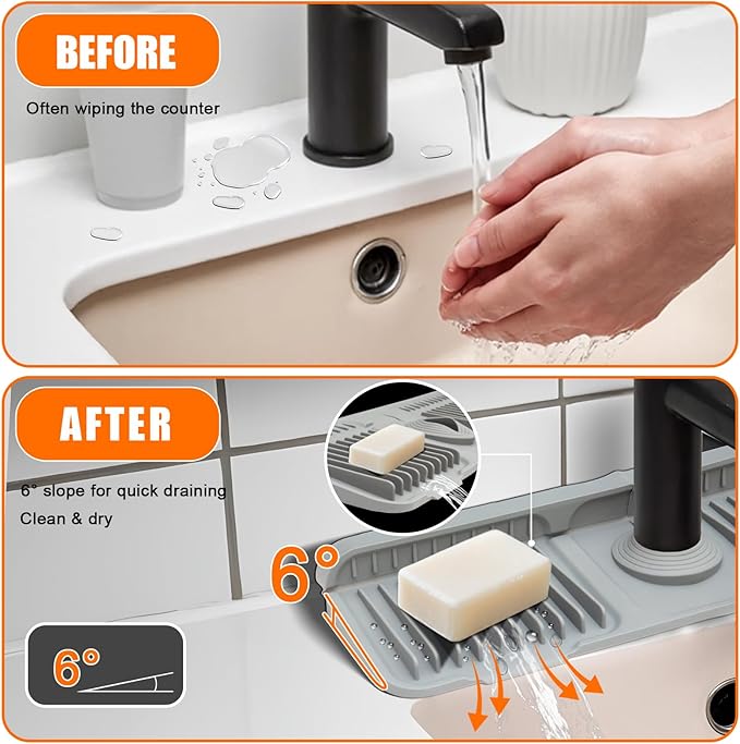 17.7" Gray Button Style Faucet Drip Catcher – Silicone Faucet Mat