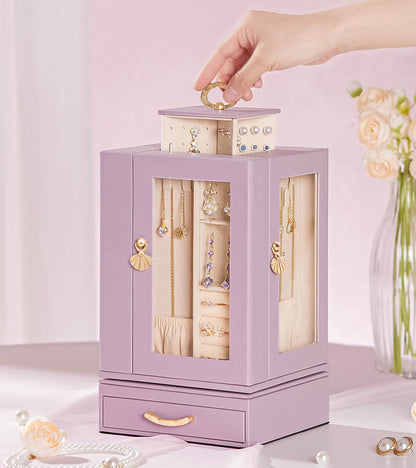 Enthralite Jewelry Box Large for Dresser: Women Necklace Ring Storage Organizer with Compartments - Elegant Earring Holder Display - 360° Rotating Jewelry Organizer with Glass Door