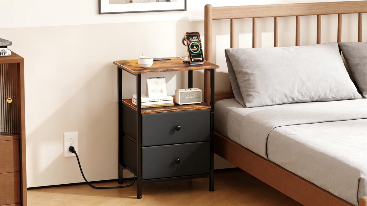 Smoproper Nightstand with Charging Station, Bedside End Table with 2 Fabric Drawers for Bedroom, Side Table with USB Ports and Outlets (Brown Black)
