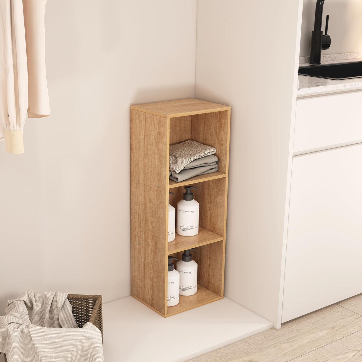 VAFHYLLIS 3 Cube Storage Organizer,Wooden 3-Tier Open Shelf Bookshelf,Versatile Storage Cubes for Living Room，Bedroom,Home Office,(Oak, 3 cube-11.8 inch)