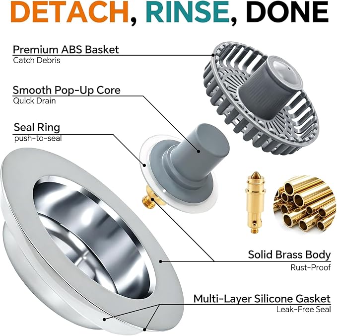 Solid Brass Body 3-in-1 Kitchen Sink Drain Strainer & Stopper, Heavy Duty Pop
