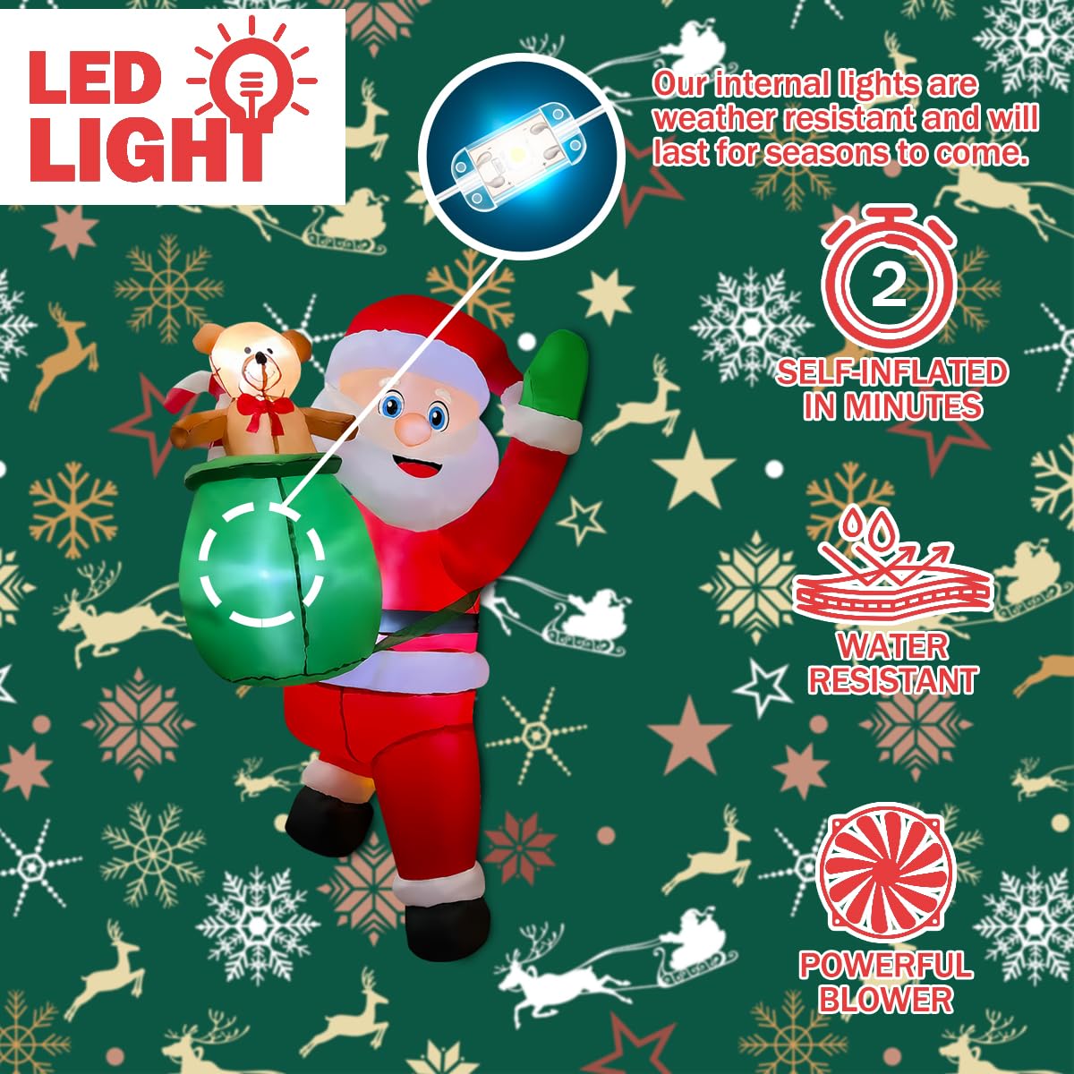 BLOWOUT FUN 4FT Christmas Inflatable Hanging Santa with Gift Bag Decorations, Blow Up Climbing Santa with Build-in LED for Xmas Party, Outdoor, Yard, Garden, Lawn Winter Decoration