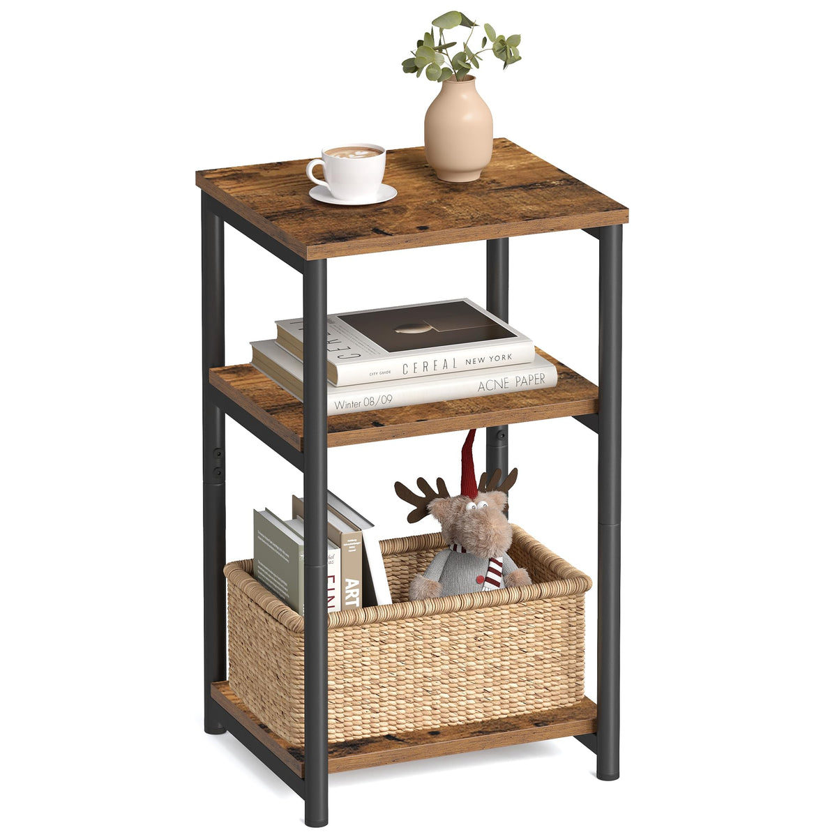 VASAGLE BARNET Collection - Side Table, Small End Table for Living Room, Modern Tall Nightstand, Bedroom, Office, Bathroom, Steel Frame, Rustic Brown and Ink Black ULET273B01