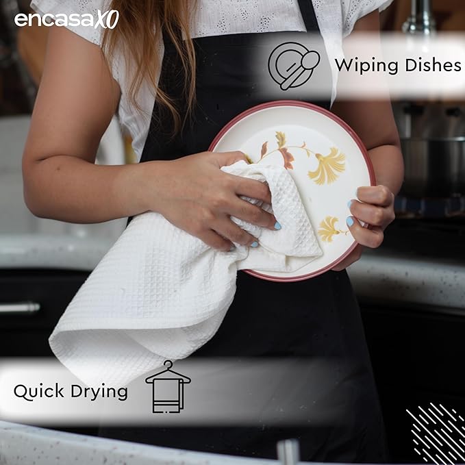 Encasa XO Kitchen Dish Towels Set | White | Waffle Weave and Flat Hand Tea