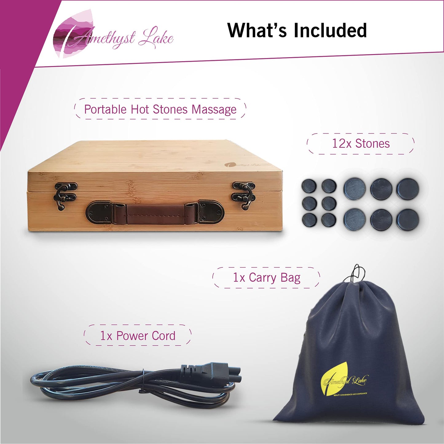 Amethyst Lake Hot Stone Warmer with 16 Stones Bamboo Box, Massage Stones for Home spa, Relaxing and Pain Reliefing Massage Stones Set with Warmer kit.