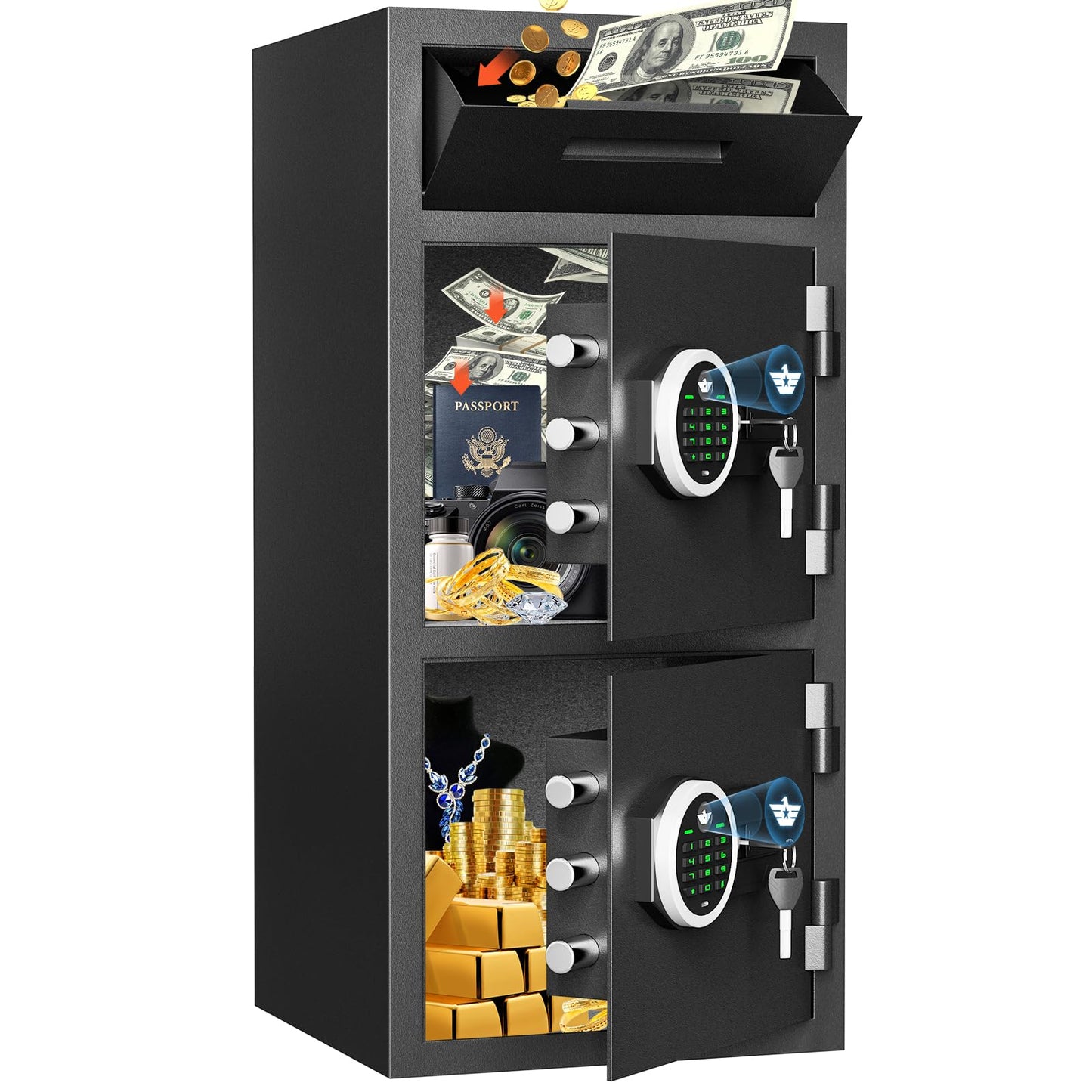 Omethey 6.5 Cu ft Extra Large Home Safe Box Fireproof Waterproof with Drop Slot, Digital Drop Safe with Double Door & Key Hook, Money Safes with Backlit Keypad & Dual Alarm for Home Office Business