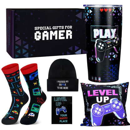 ANOTION Valentines Day Gamer Gifts for Him-5PCS Gaming Gift Set for Boyfriend Teen Boys Men - 20oz Insulated Tumbler, Beanie, Socks, Pillowcase, Card, Gaming Gifts Box for Teenage Boys