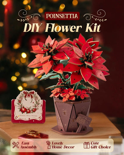 Wowood 3D Flower Wooden Puzzles for Adults-Poinsettia, Mothers Day DIY Wooden Flowers Model Kit Building Set Crafts Gifts, Artificial Botanical Collection Creative Gift Ideas/Housewarming(153PCS)