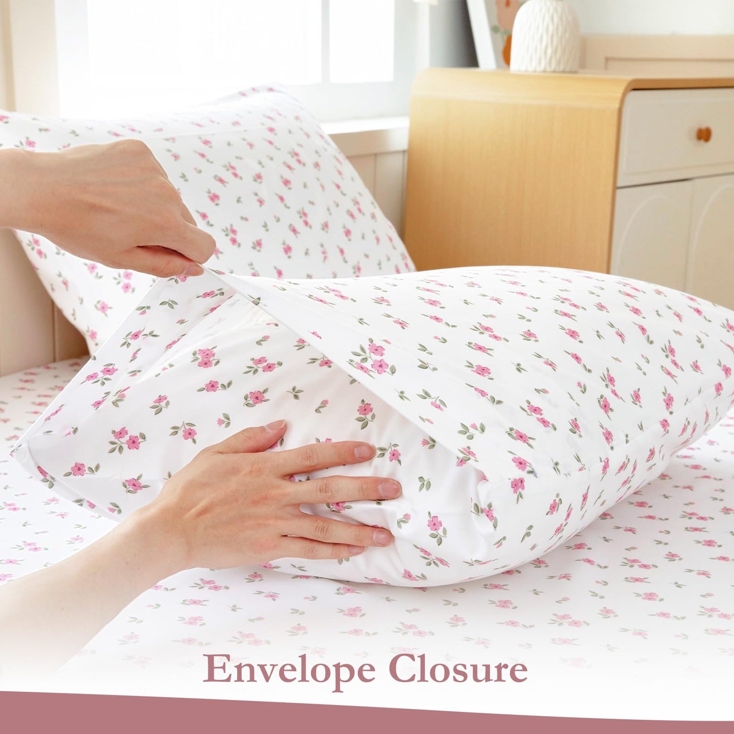 MICORAL Boho Floral Queen Sheet Set, 4-Piece Printed Botanical Bed Sheets, 16" Deep Pocket, Ultra Soft & Cooling Sheet, Oeko-TEX Certified, Pink Cute Flower