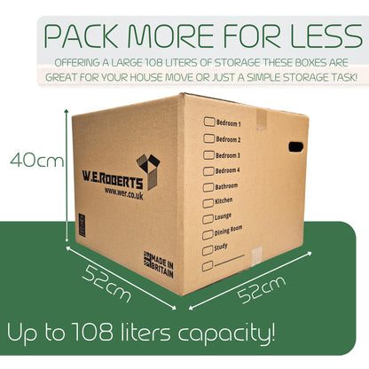 W.E. Roberts 10 Strong Extra Large Cardboard moving Boxes. Packing boxes for moving house with Printed Room List and Carry Handles 52cm x 52cm x 40cm cardboard Boxes