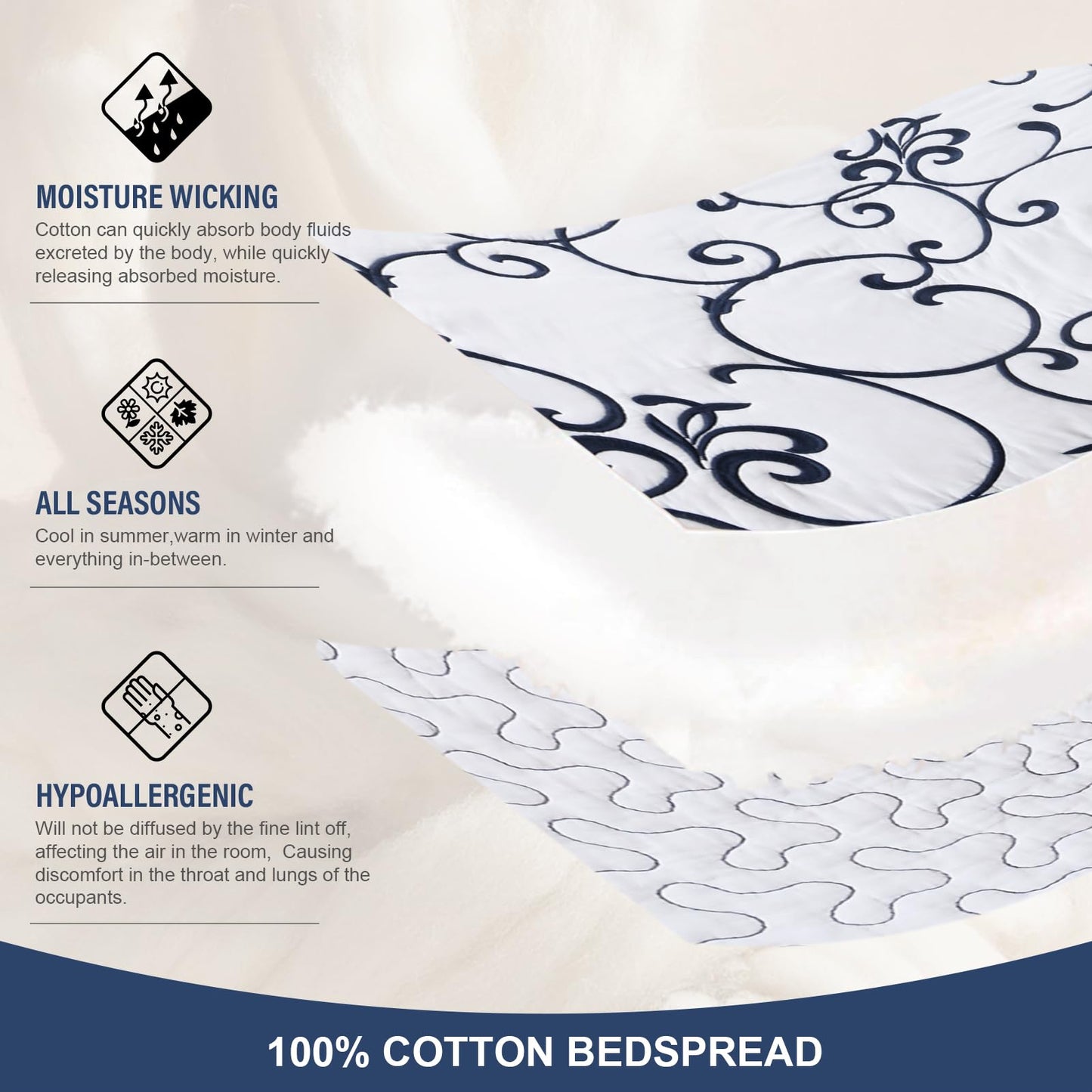 FineStichery Oversized Queen Bedspread 120"x102" - 100% Cotton Extra Large Quilt, Embroidered Bedspread Coverlet with Pillow Shams, Lightweight Quilted Bedding Set 3 Piece, Navy Blue/White