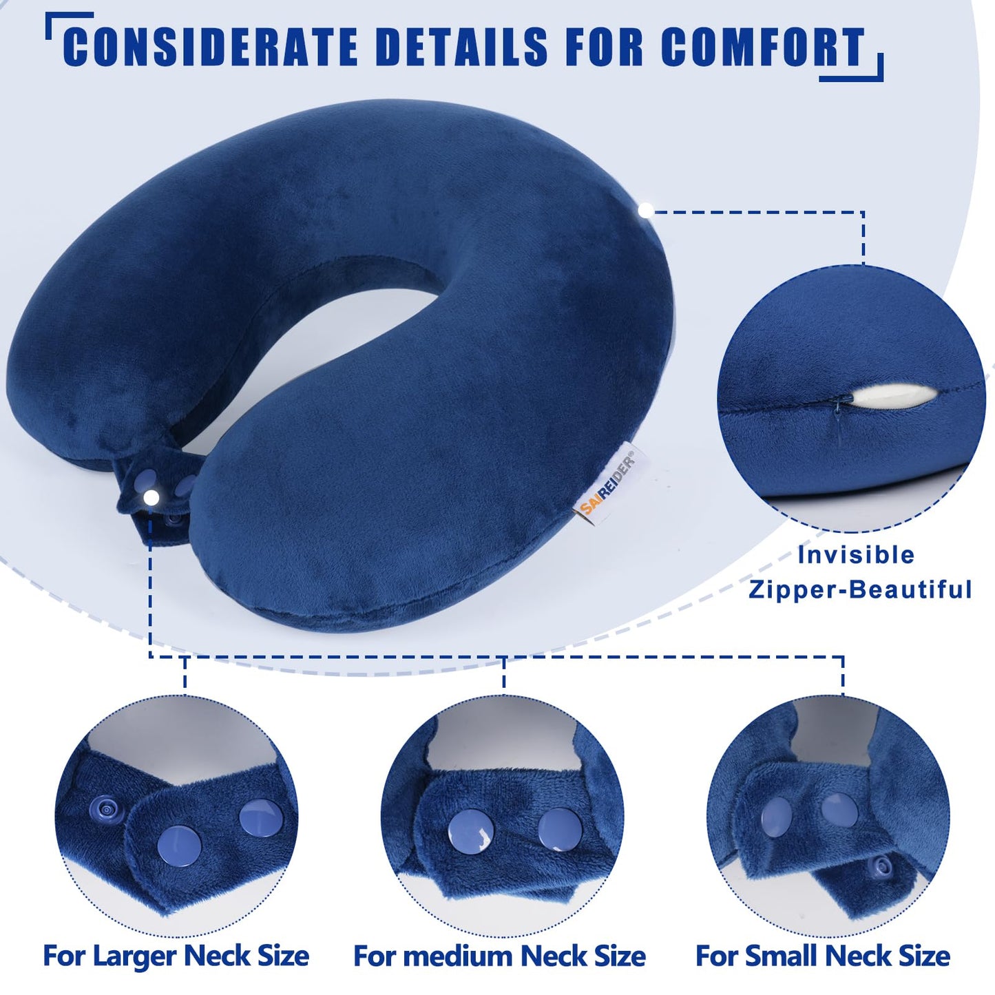 SAIREIDER Neck Pillows for Travel-Head Neck Support Travel Pillow for Traveling, Car, Home, Office Adjustable(Navy Blue)