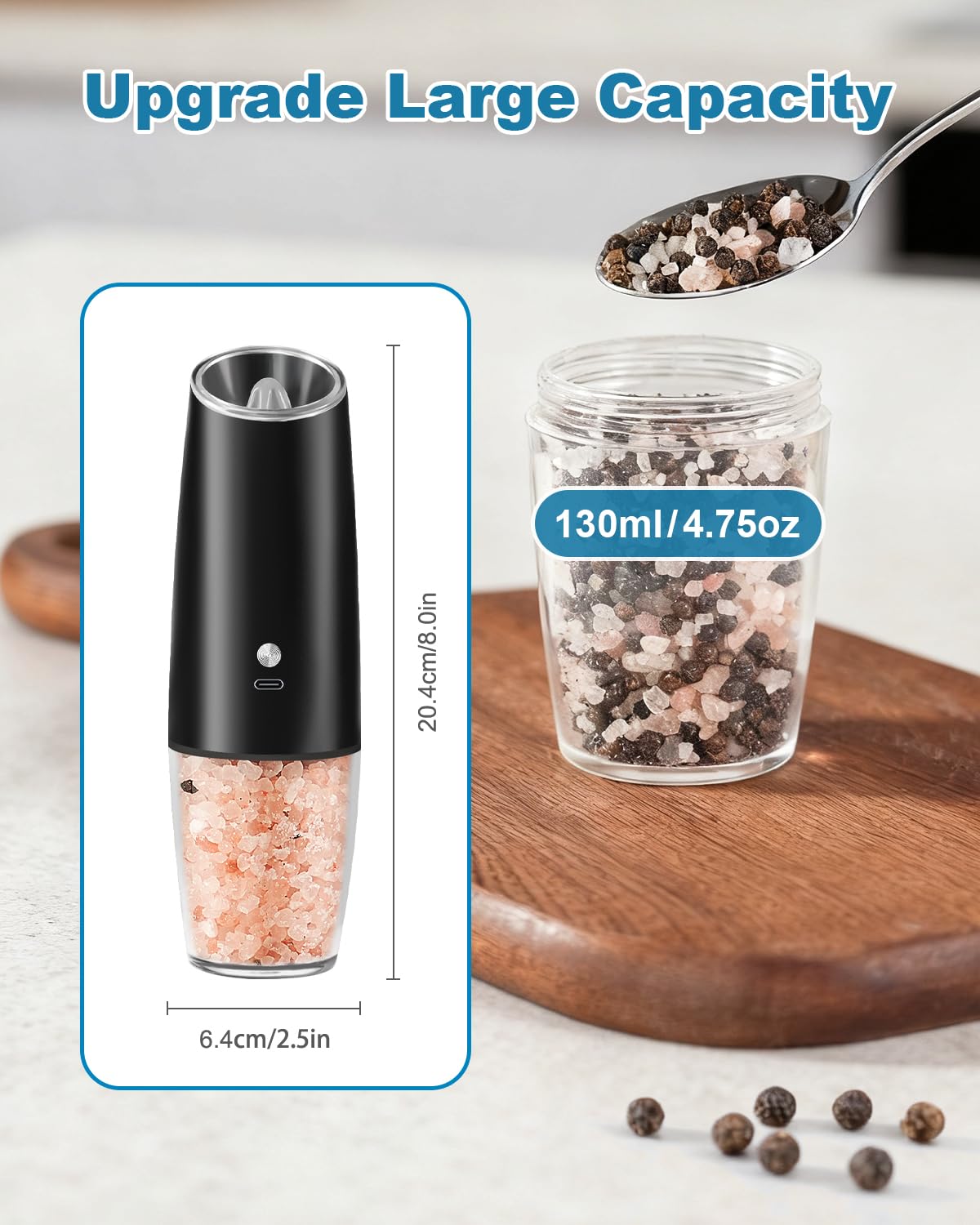GVUHR Rechargeable Salt and Pepper Grinder Set，2 Intelligent Electric Grinders with Cleaning Brush，2 USB Charging Cables,Black Pepper and Salt Grinder Refillable