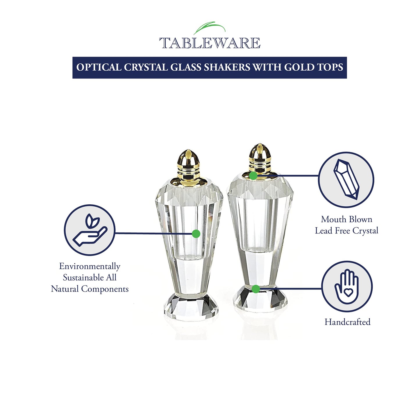 Badash Crystal Salt and Pepper Shaker Set - 4" Tall Preston Hand-Cut Optical Crystal Glass Shakers with Gold Tops - Set a Beautiful Table
