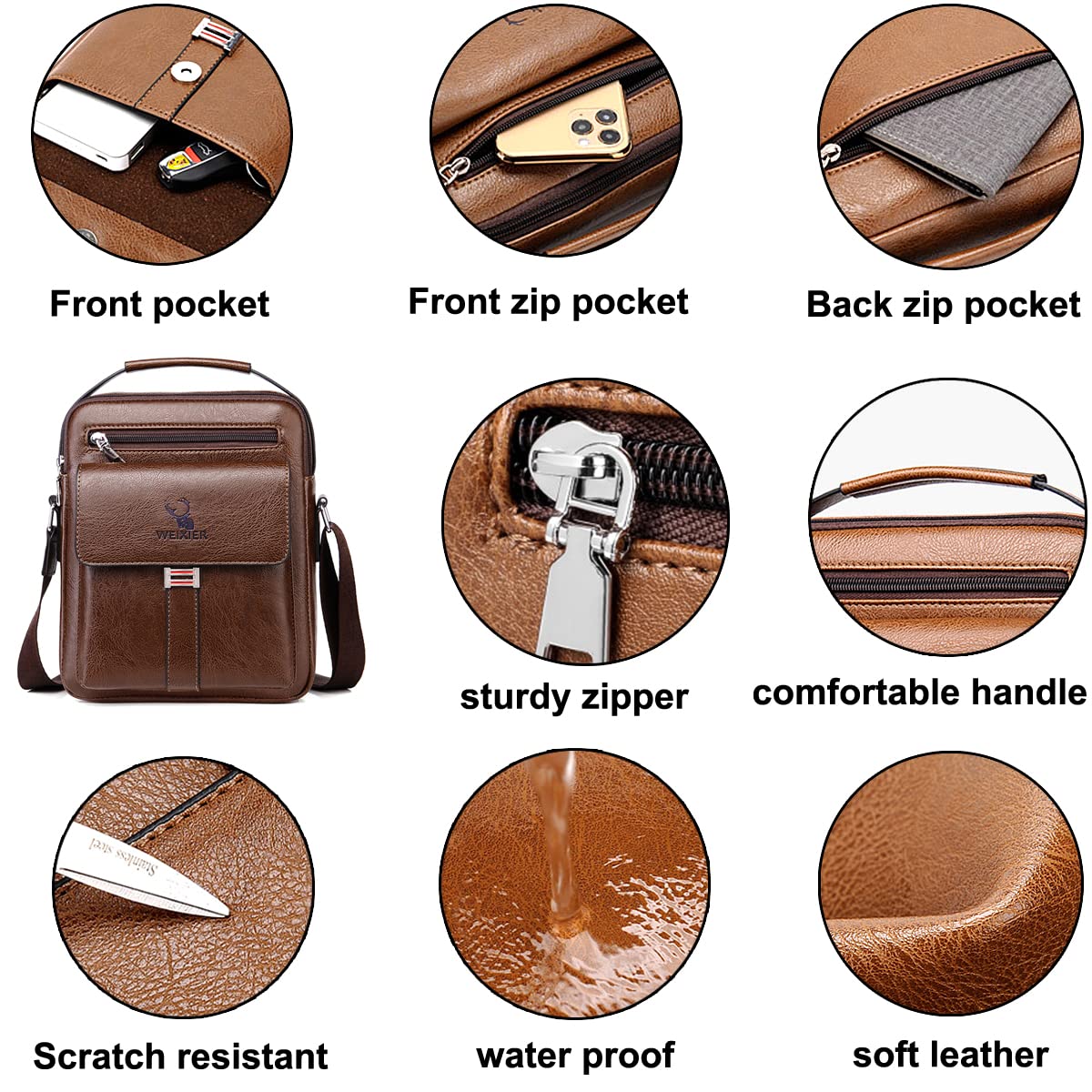 A-QMZL Men's Shoulder Bag Messenger Bag PU Leather Business Travel Crossbody Pack Satchel Side Bag Casual Handbags Man Bag for Working HikingTraveling Daily Use (dark brown)