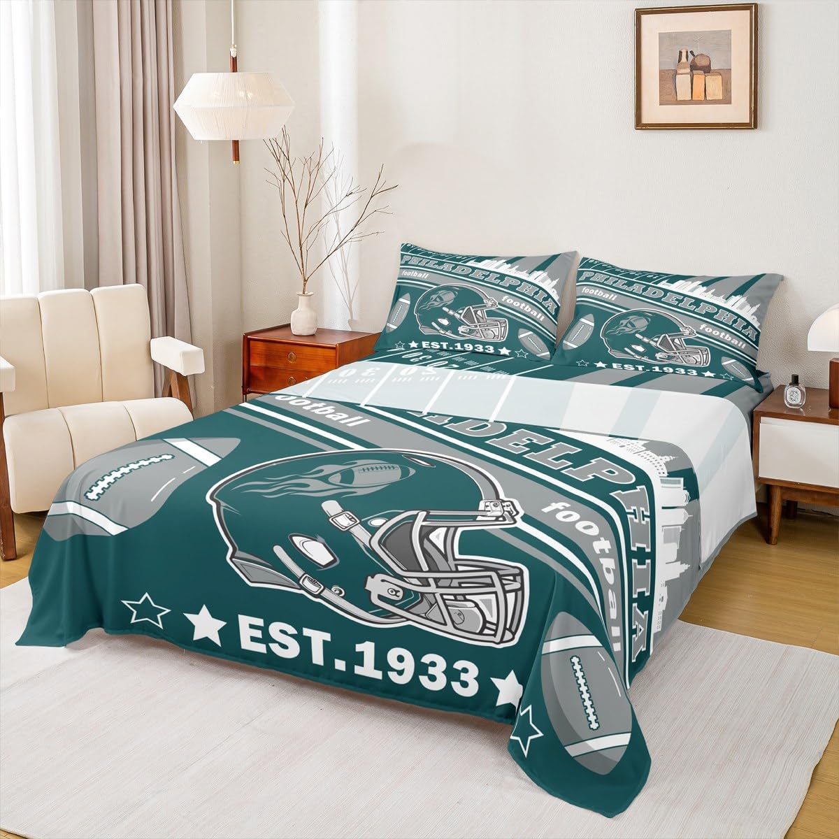 Feelyou Football Bed Sheets Set Twin Size Boys Women Men Rugby Sports Bedding Set Football City Fitted Sheet with 16 Inch Deep Pockets