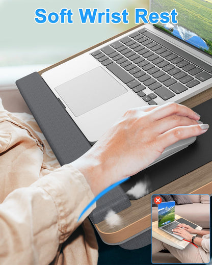 Laptop Lap Desk, Portable Large Laptop Desk for Bed, Up to 17 in Lap Table with Wrist Rest, Mouse Pad, Tablet Phone Slot, Portable Handle, Cushion (Dark Brown Woodgrain)