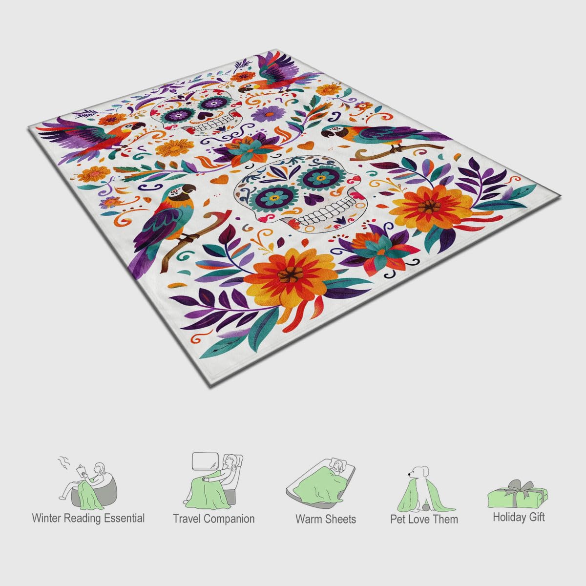 YWZDS Sugar Skull Fleece Blanket, Day of The Dead Design with Parrots and Flowers, Colorful Mexican Folk Art Theme, Halloween Blankets Fuzzy Gifts for Sofa Couch Bedroom (30 x 40 inch)