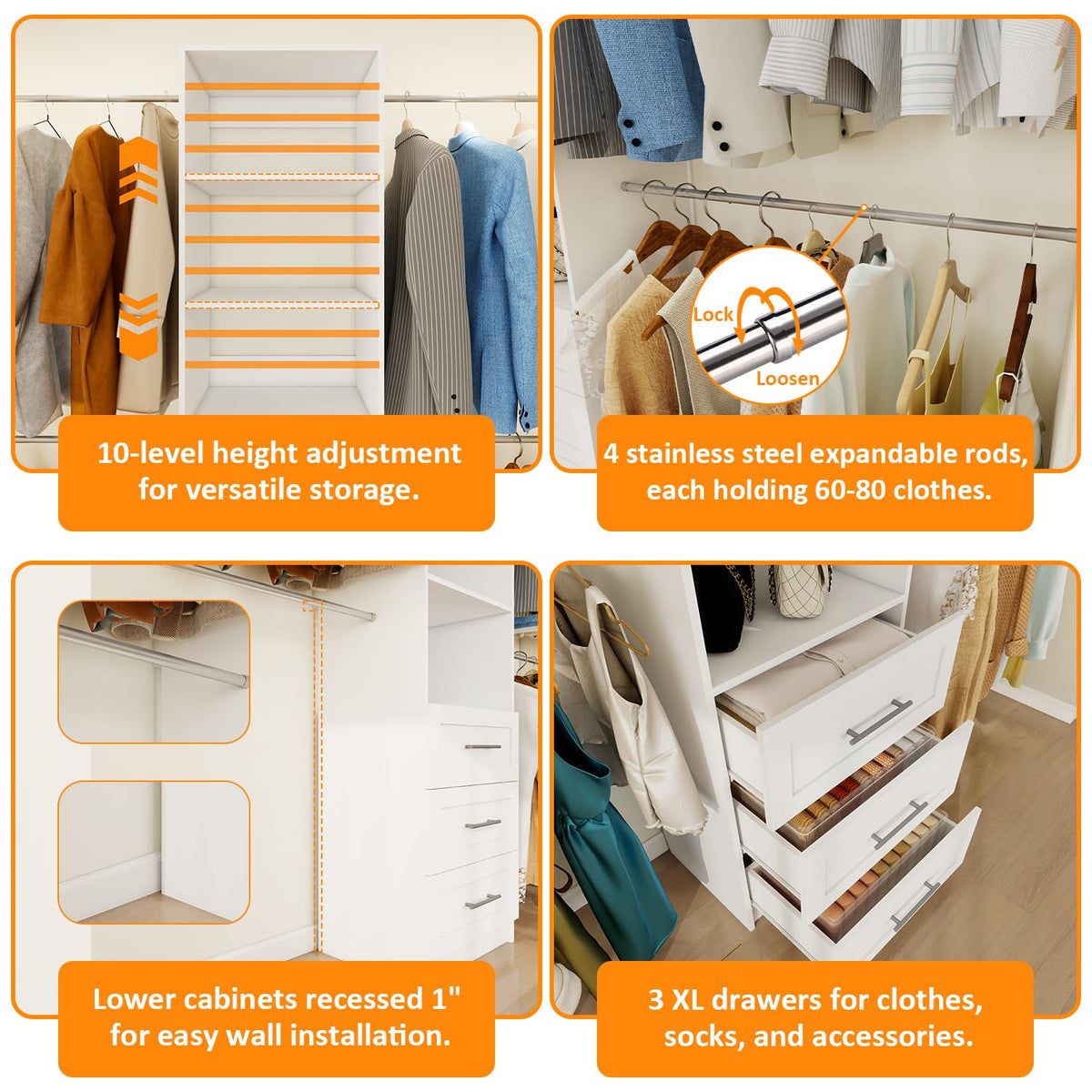 Closet System, 5FT-8FT Closet Organizer System with 3 Wooden Drawers, 99" Walk In Closet Organizer and Storage with 4 Expandable Hanging Rods, Wall Mount, White