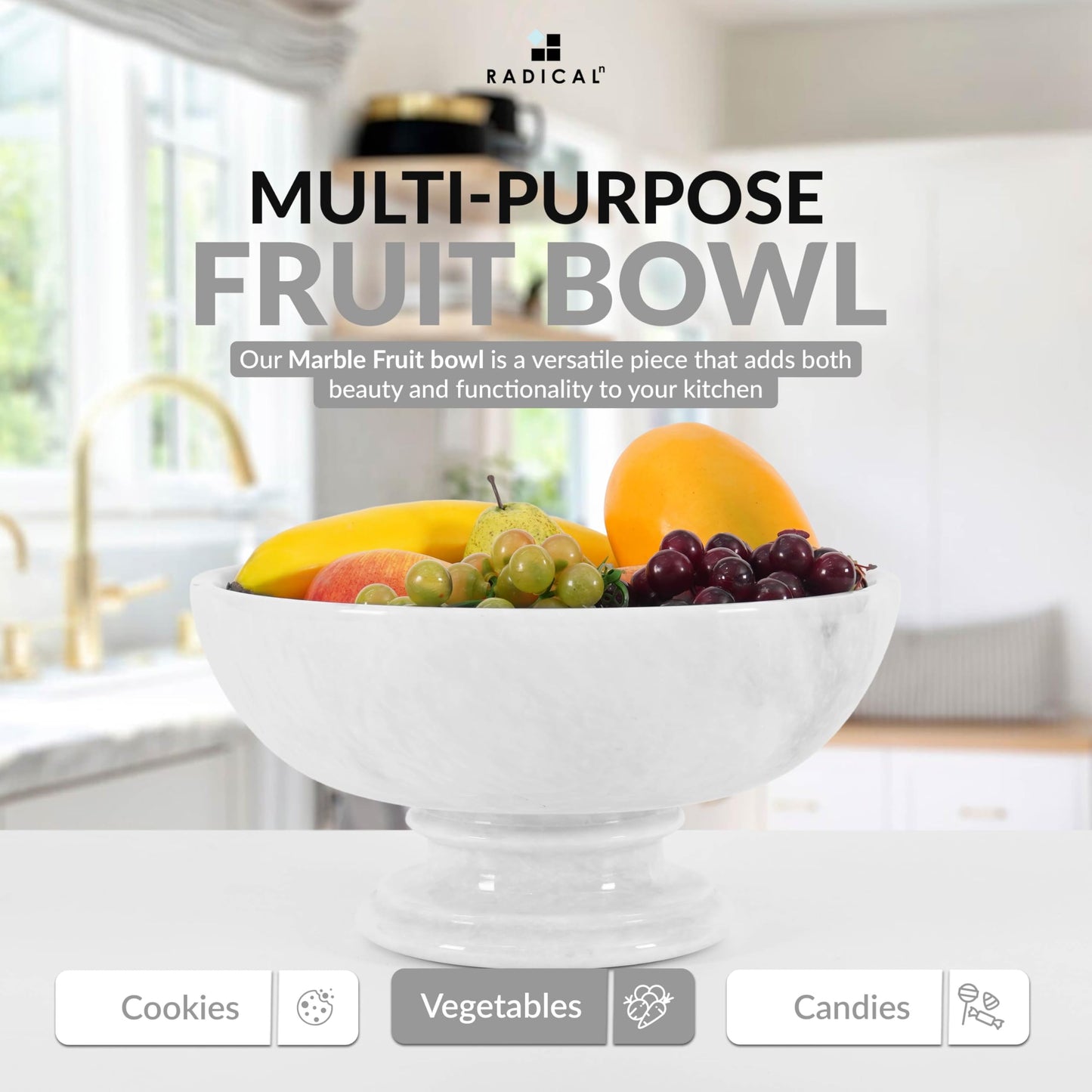 Radicaln Marble Fruit Bowl For Kitchen Counter 10" Inches White Handmade Candy Bowl For Entryway Table, Ideal Decorative Bowl, Serving Bowl and Fruit Holder For Dining Table Centerpiece