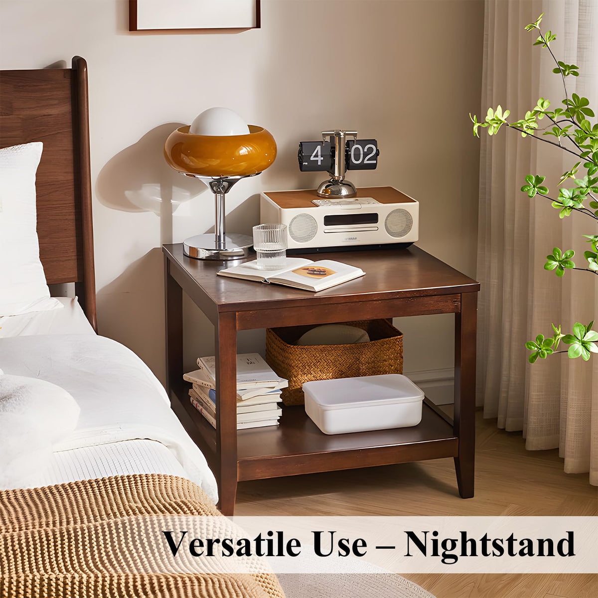 Cttasty Side Table, Solid Wood Square End Table with Storage Shelf, 2-Tier Coffee Table for Living Room, Rubber Wood Small Sofa Table, Nightstand 23.62 H x 23.62 W x 23.62 D Inches (Walnut)