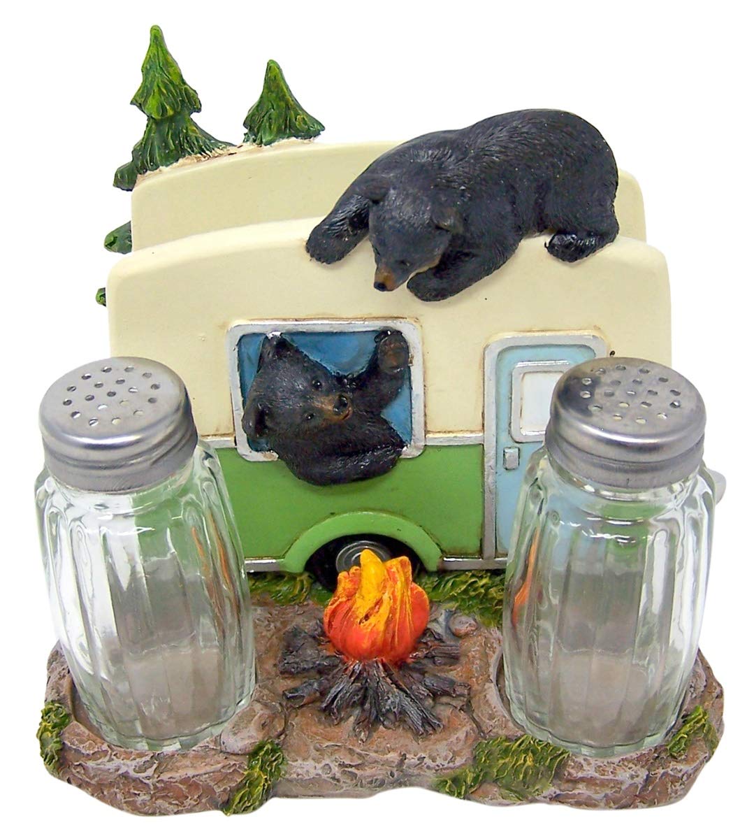 Rustic Kithcen Accessory- Black Bear in a Camper Salt and Pepper Shaker and Napkin Holder, 5 Inch (Shakers Included)