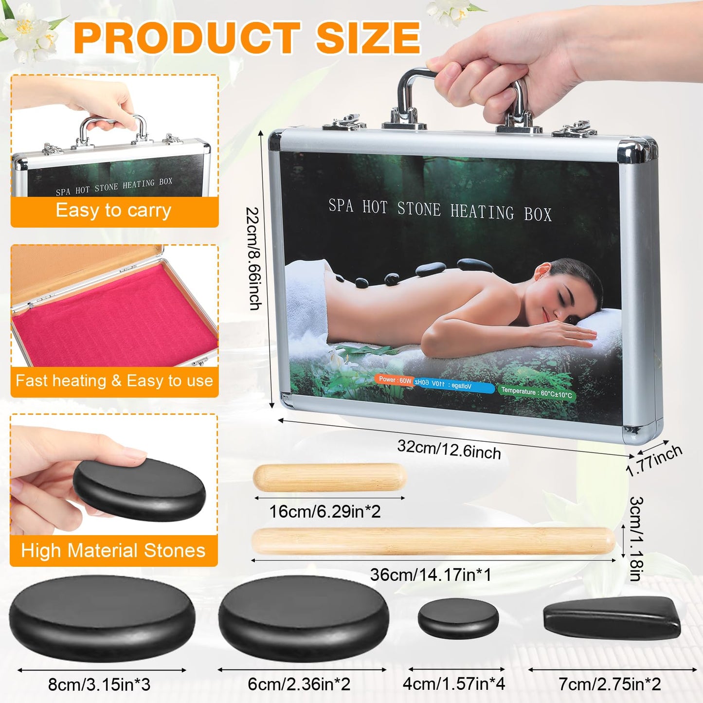 Yunsailing Hot Stones Massage Set with Warmer Kit Hot Rocks Massage Heater Kit with Adjustable Temperature Basalt for Home Spa, Pain Relief, and Relaxation (11 Stones and 3 Sticks)