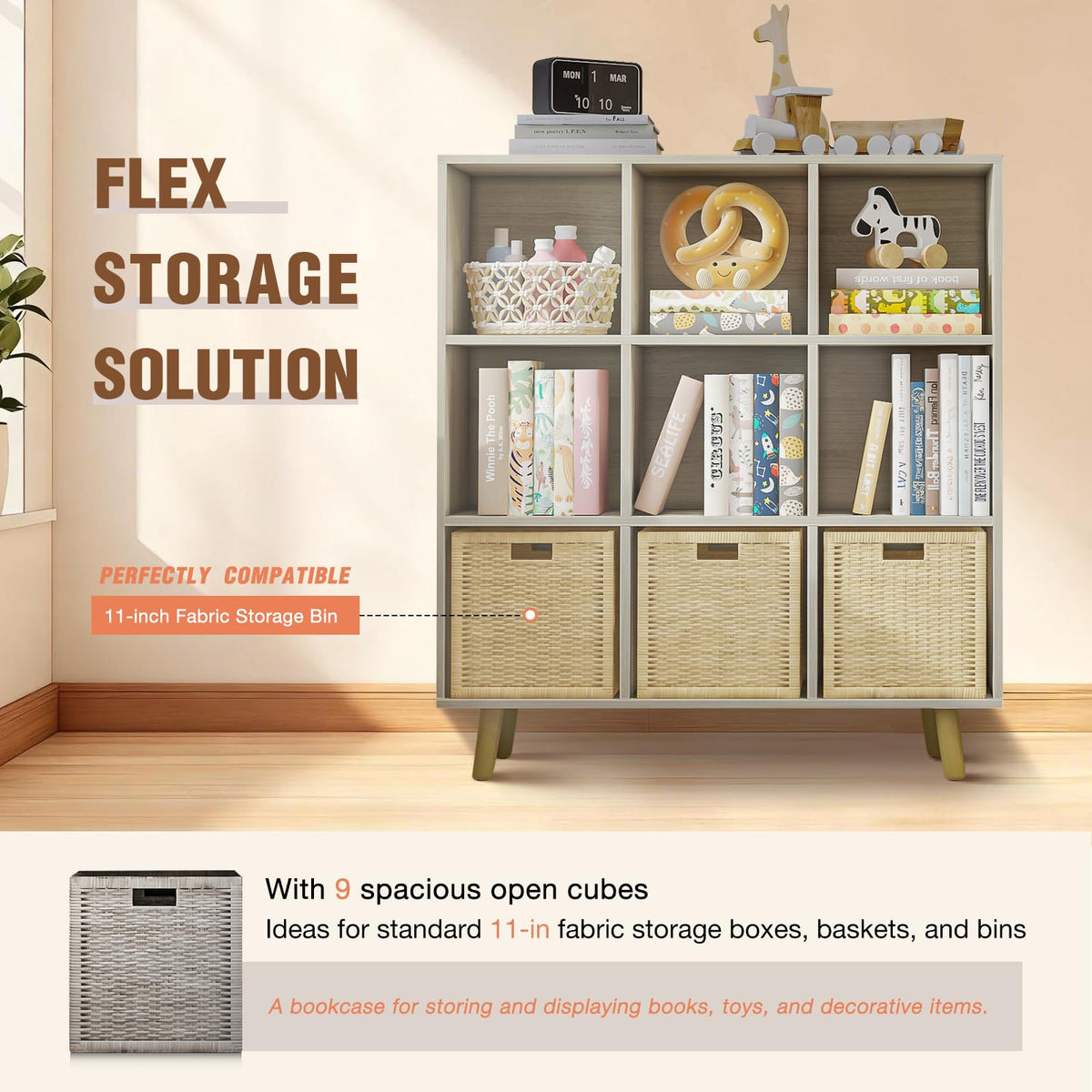 ELYUP 9-Cube Open Shelf Bookcase - 3-Tier Wooden Floor-Standing Bookshelf with Legs and Backpanel, Ideal for 11-inch Fabric Storage Bins and Miscellaneous Organizer, Oak