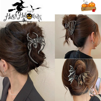 Parcce 3 Pieces Large Metal Spider Net Bat Hand Hair Claw Clips for Women and Girls Thick Long Hair, Nonslip Skeleton Spooky Barrette Headband Hair Styling Accessories for Halloween Christmas Gifts