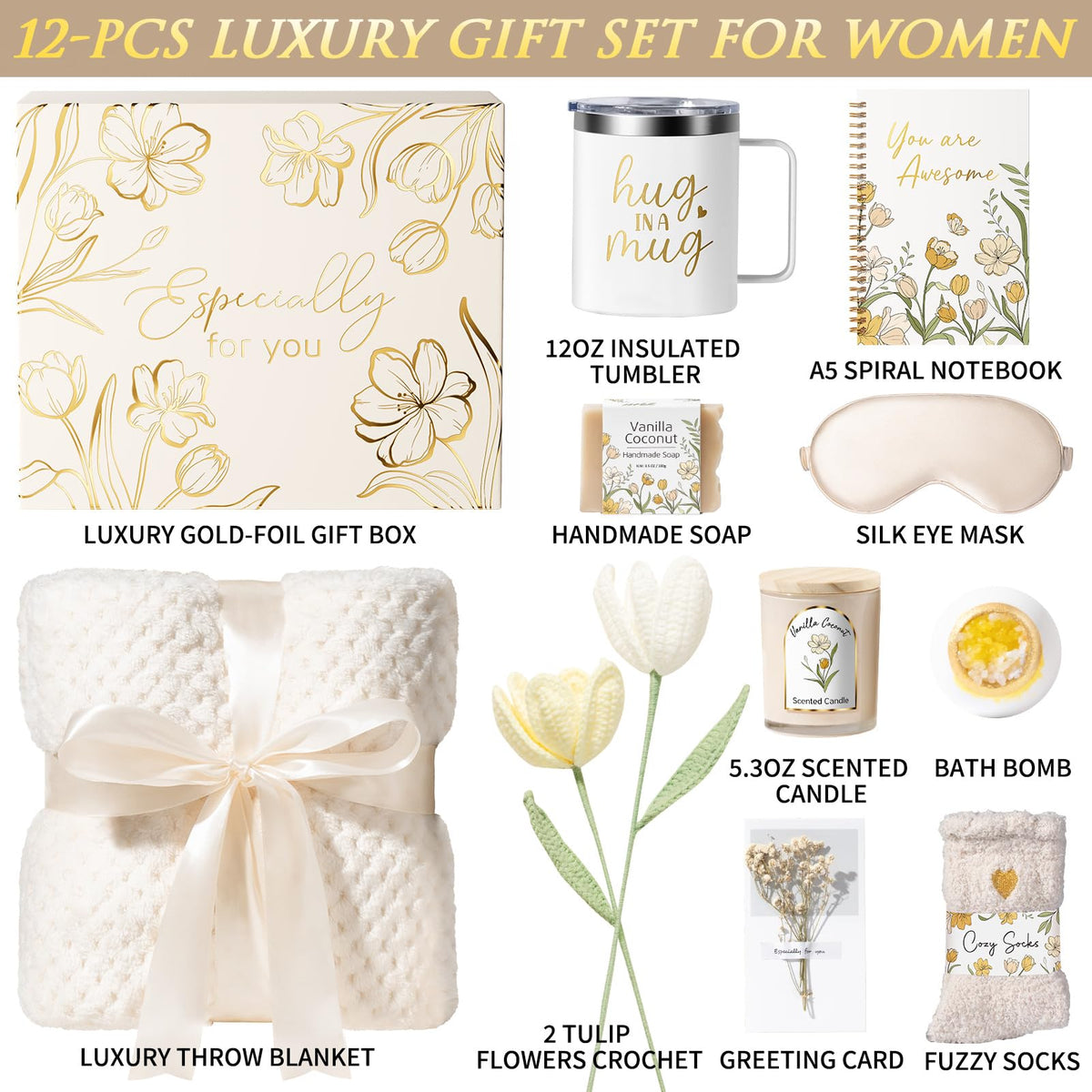 Mothers Day Birthday Gifts for Women Self Care Package, Get Well Soon Gift Baskets for Women Spa Gifts Set, Unique Thinking of You Inspirational Sympathy Gift Baskets for Mom Her Wife Friend Sister