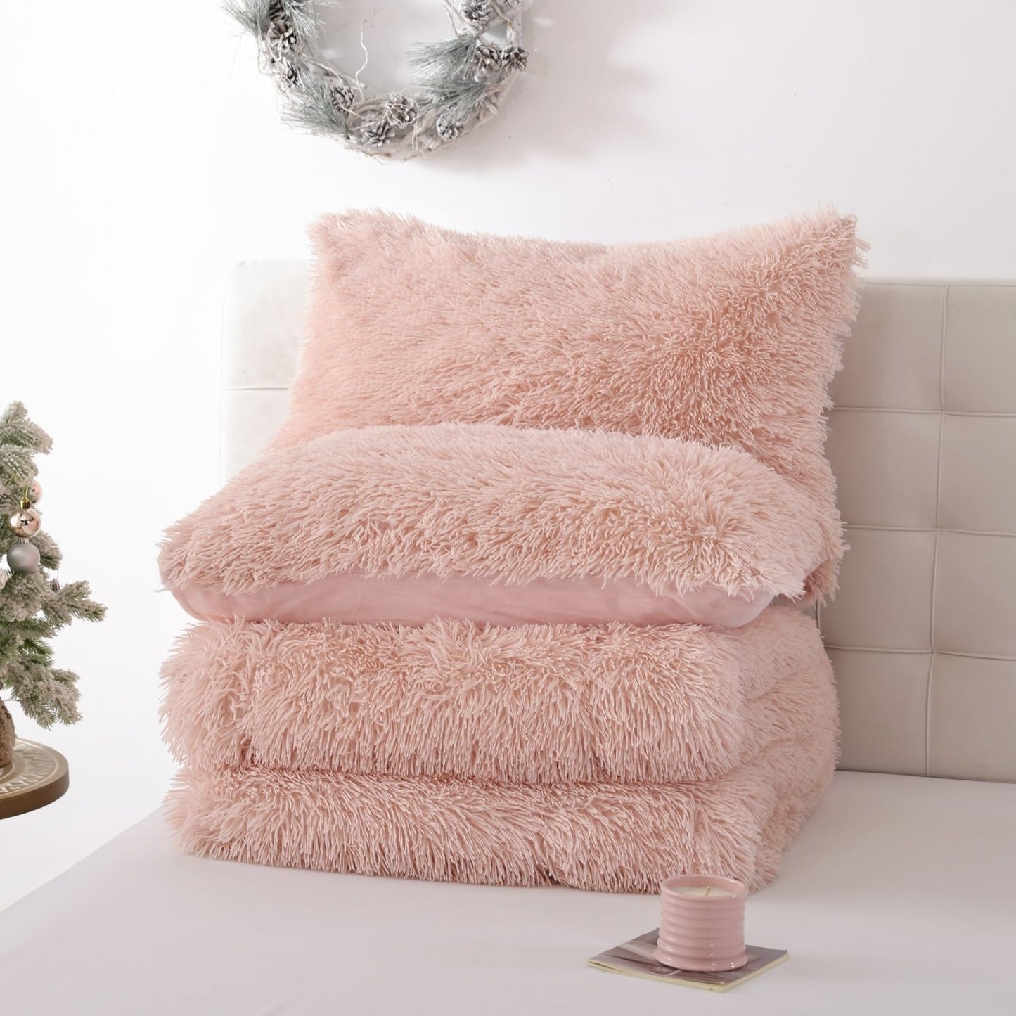 Smoofy Fluffy Full Size Comforter Set, Faux Fur Pink Comforter Set, Luxury Fuzzy Bedding Set, Soft Shaggy Full Bed Set for All Season, 3 Pieces - 1 Comforter & 2 Pillowcases, Blush