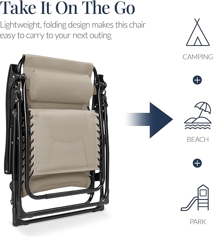Best Choice Products Oversized Padded Zero Gravity Chair, Folding Outdoor Patio Recliner, XL Anti Gravity Lounger for Backyard w/Headrest, Cup Holder, Side Tray, Polyester Mesh - Dune