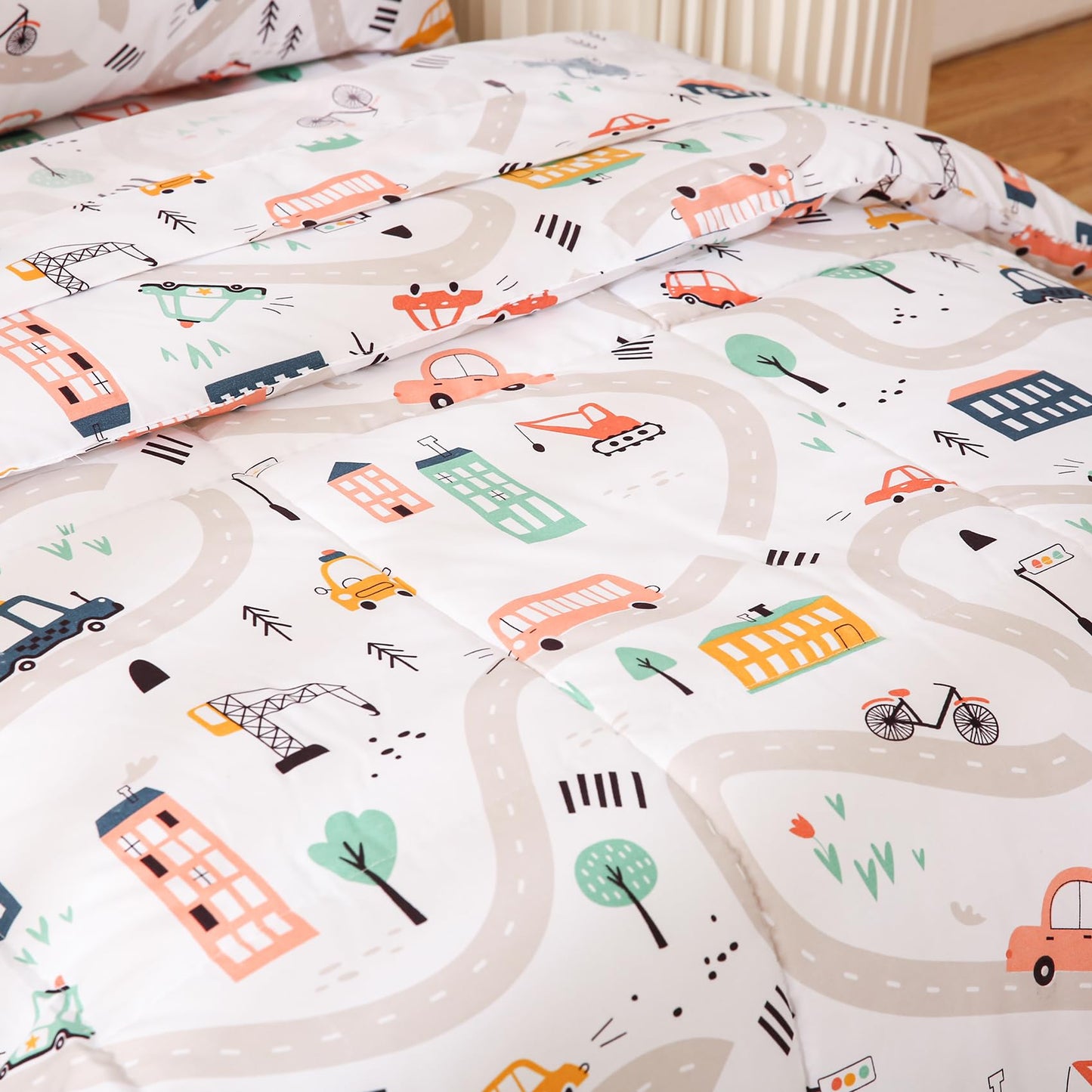 JSD Car Toddler Bedding Set, 4 Piece Bed-in-a-Bag Toddler Microfiber Comforter Sheet Set, All Season Machine Washable