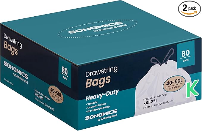SONGMICS Trash Bags for 13-Gallon Trash Cans, Drawstring Kitchen Garbage Bags