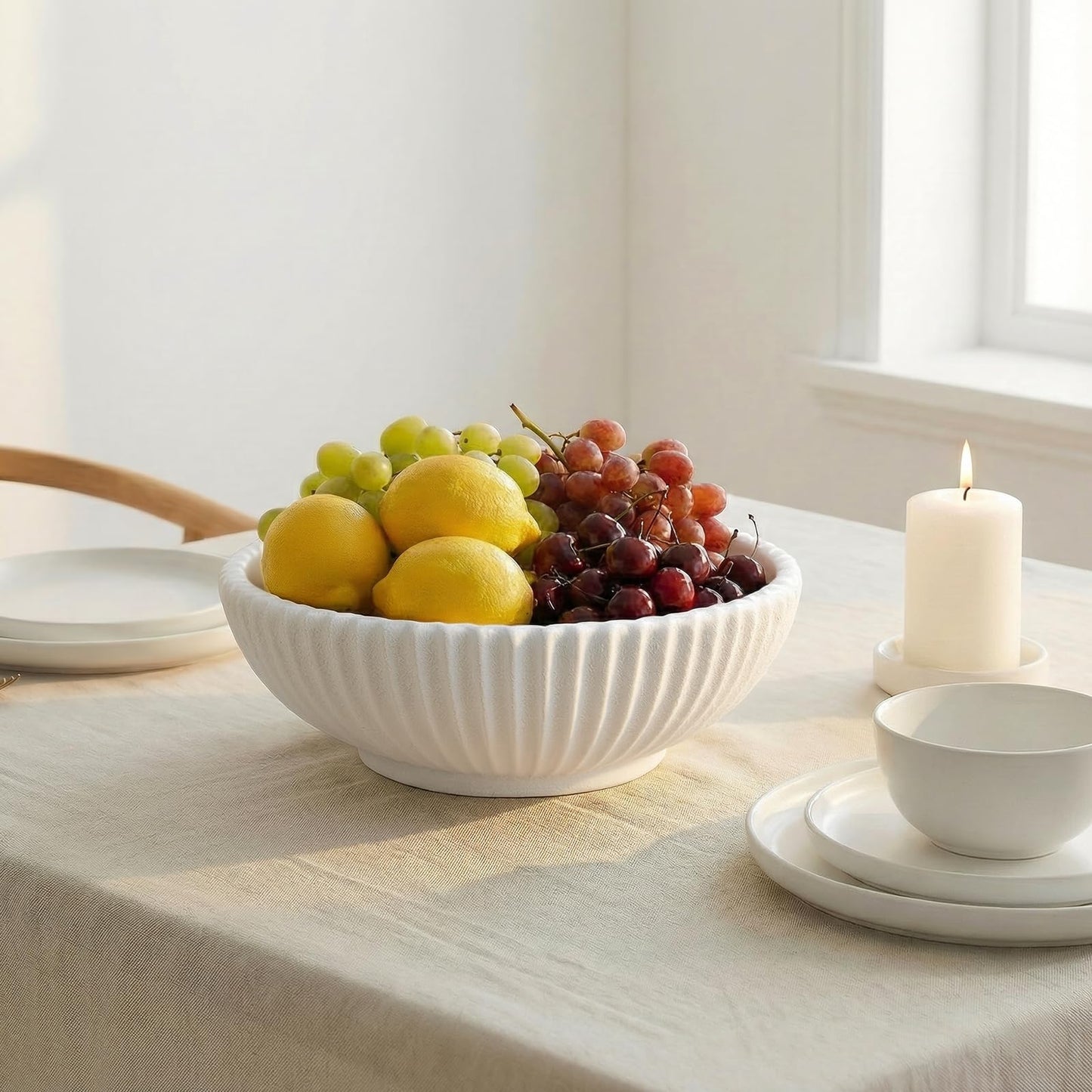LINYTHER Large Decorative Fruit Bowl for Kitchen Counter or Table, Key Holder Bowl for Entryway Table, Bread Candy Snack Organizer, Modern Farmhouse Centerpiece Decor, White/Stripe