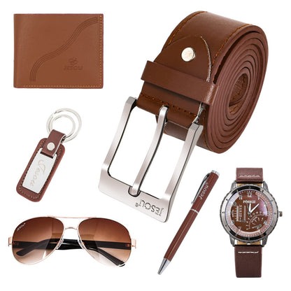 Baojulong 6pcs Men's Gift Set with Box Brown Leather Belt Wallet Watch Glasses Keychain Ballpoint Pen Gifts for Men, Valentines Day Gifts for Him