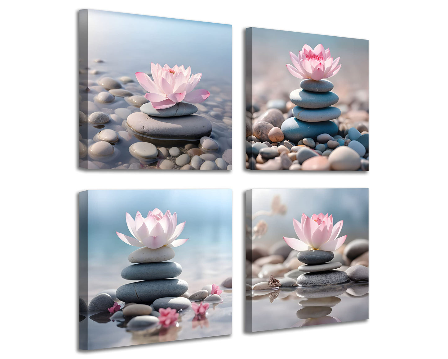 NAN Wind 4PCS Mordern Zen High-Definition Canvas Print Pink Lotus Stacked Zen Stones Spa Wall Art Easy-to-Hang Wall Art for Serene Home Deco Meditation Rooms Yoga Studios and Zen Enthusiasts