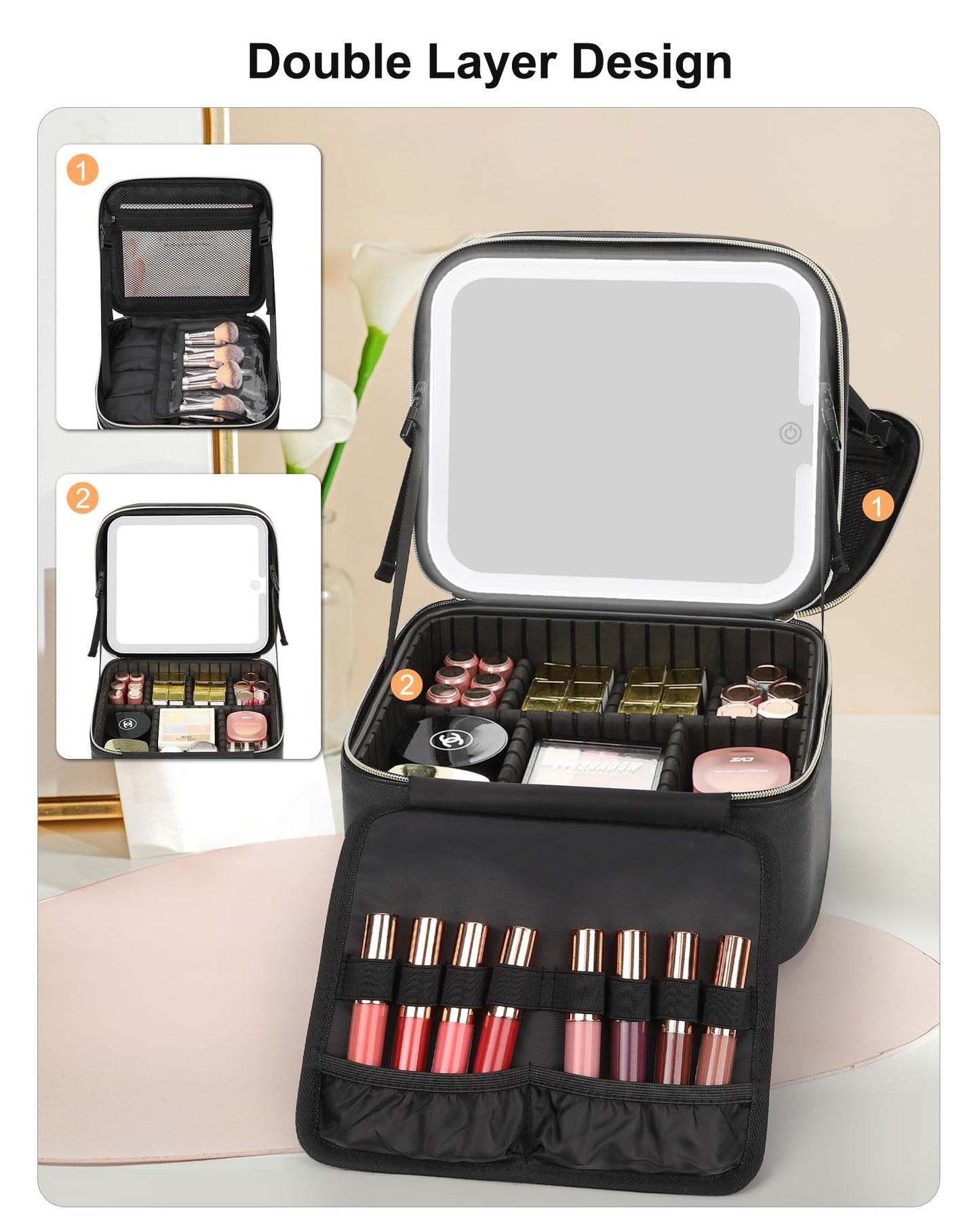 Relavel Travel Makeup Bag With LED Mirror, Cosmetic Train Case with Light up Mirror, Portable Makeup Artist Organizer Bag with Adjustable Dividers, Makeup Brush Holder Storage, Black